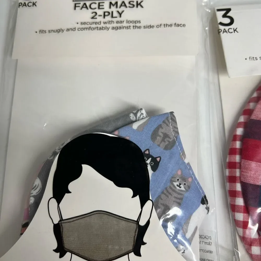 Bundle of 18 Face masks 2-ply 6 packs/ 1 pack toddler sz 1 pack adult L 4 packsM